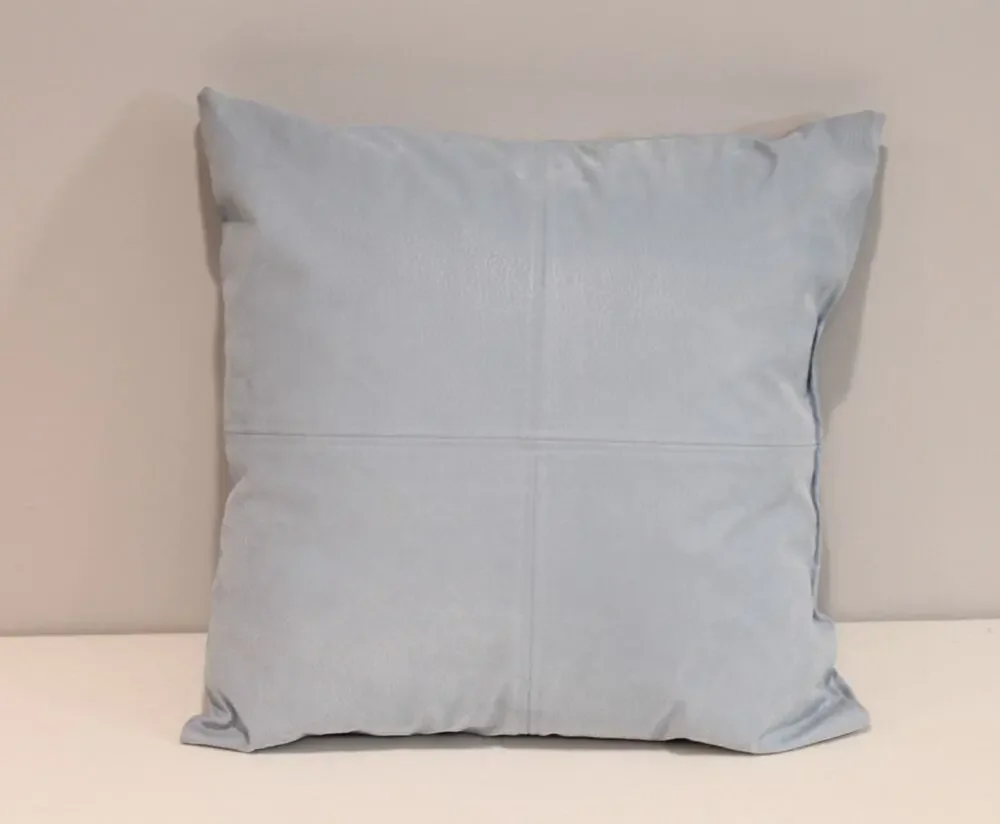 Leather Suede Throw Pillow Light Blue Piping Seam Detail Across Front 15x15in